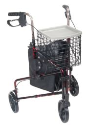 Rollator 3-Wheeled w/Pouch & Basket Loop Brake -Flame Red